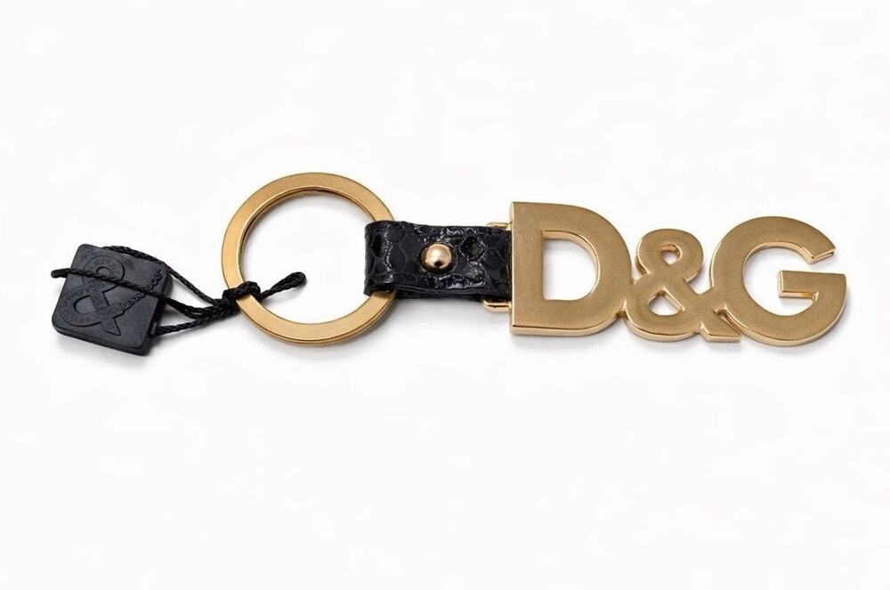 Dolce & Gabbana D&G Gold Tone Logo Keychain Key Ring Black Leather Italy NWT Lux